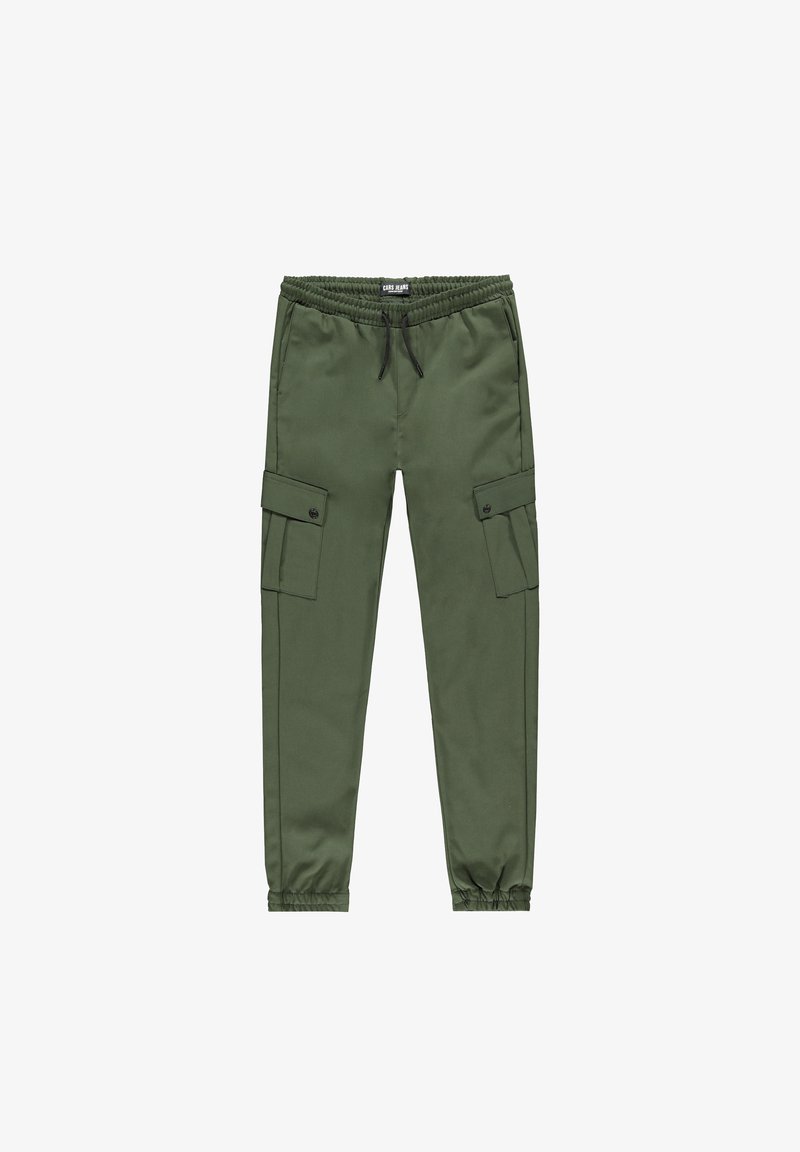 Zelené cargo kalhoty s šňůrkou v pase, klopami na bočních kapsách a elastickými manžetami. Vyrobené z hladké, odolné látky. Bez vzorů.