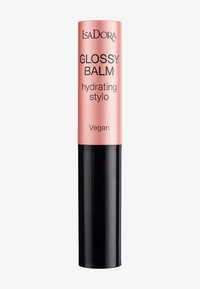 Glossy Balm fra IsaDora i et metallisk rosa-gullrør med svart bunn. Teksten inkluderer "fuktighetsgivende stylo" og "vegan" med fet svart skrift.