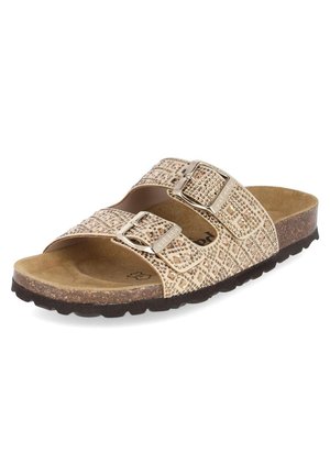Offene Sandale mit zwei beigen Riemen mit goldenen Nieten und verstellbaren Metallschnallen, Kork-Fußbett und schwarzer, strukturierter Sohle.