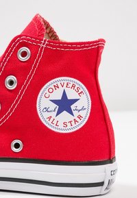 Červené plátěné vysoké tenisky s stříbrnými očky, bílou gumovou podrážkou a kulatým logem s modrou hvězdou a textem "Converse All Star."