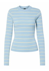 Gaiši zils ribots rāvējslīdēja tops ar horizontālām krēmveida svītrām un apaļu izgriezumu. Aptītais dizains ar teksturētu audumu.