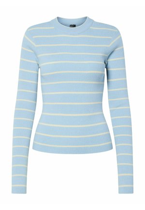 Lyseblå ribstrikket langærmet top med horisontale cremefarvede striber og rund halsudskæring. Tætsiddende design med tekstureret stof.