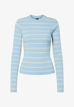Lyseblå ribstrikket langærmet top med horisontale cremefarvede striber og rund halsudskæring. Tætsiddende design med tekstureret stof.