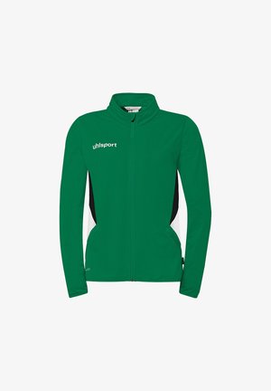 Green zip-up sports jacket with white "uhlsport" logo on chest and black and white side panels.
