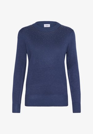 Navy blue long-sleeve sweater with small scattered gold studs on upper front, ribbed cuffs and hem, round neckline.