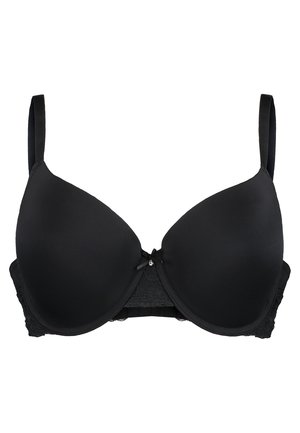 Black padded bra with smooth fabric cups, lace detailing at the band, and a small decorative bow at the center. Adjustable straps.