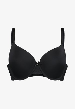 Zwarte padded bh met gladde stof bekers, kantdetails bij de band en een kleine decoratieve strik in het midden. Verstelbare bandjes.