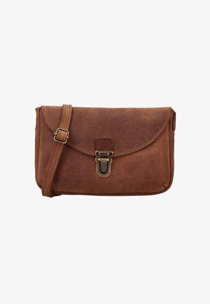 Bruine leren crossbodytas met verstelbare schouderband en een antieke messing sluiting op de voorflap.