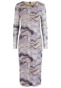 Vestido de manga larga, ajustado al cuerpo, con un patrón de espiral en suaves tonos pasteles de púrpura, beige y marrón. Tejido suave y ligero con un escote redondo.