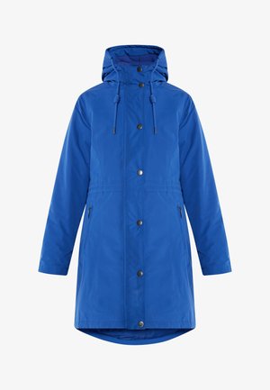 Blue waterproof jacket featuring a hood, drawstring, snap buttons, and two side pockets. The material is smooth with a slightly shiny finish.