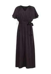 Schwarzes Maxikleid mit kurzen schwingenden Ärmeln, V-Ausschnitt, geraffter Taille und passendem Gürtel, der vorne gebunden wird. Glattes Material mit subtiler Glanzoptik.