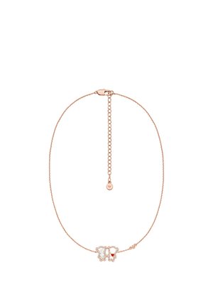 Armband aus rosévergoldeter Kette mit zwei Elefantenformen, eine mit weißem Emaille und die andere mit einem roten Herzakzent. Verstellbarer Verschluss.