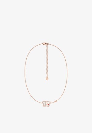 Armband aus rosévergoldeter Kette mit zwei Elefantenformen, eine mit weißem Emaille und die andere mit einem roten Herzakzent. Verstellbarer Verschluss.