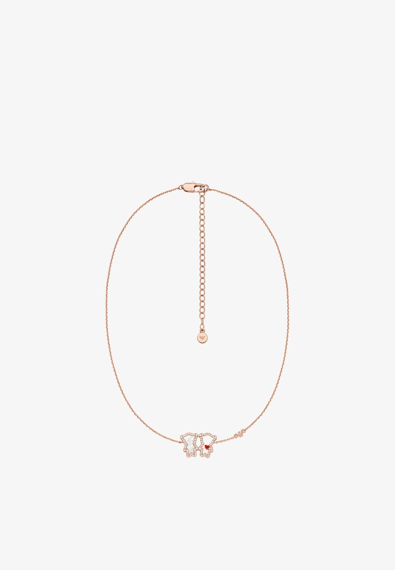 Armband aus rosévergoldeter Kette mit zwei Elefantenformen, eine mit weißem Emaille und die andere mit einem roten Herzakzent. Verstellbarer Verschluss.