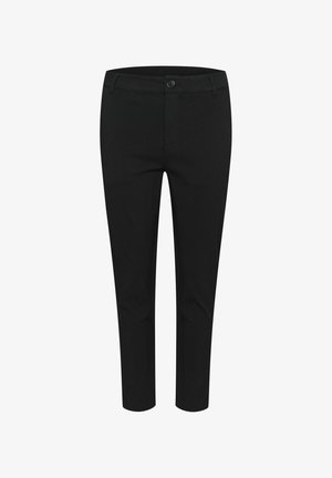 Schwarze Hose aus einem glatten Stoff. Mit Knopfverschluss, Vorderentaschen und schmal zulaufendem Bein. Keine sichtbaren Muster oder Akzente.