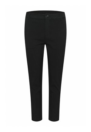 Black trousers made from a smooth fabric. Features a button closure, front pockets, and a tapered leg design. No visible patterns or accents.