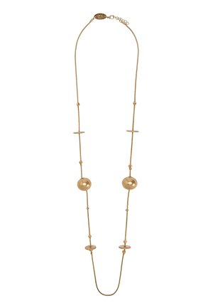 Długi cienki złoty naszyjnik z okrągłymi i dyskowatymi koralikami rozmieszczonymi wzdłuż łańcuszka oraz małym zapięciem u góry.