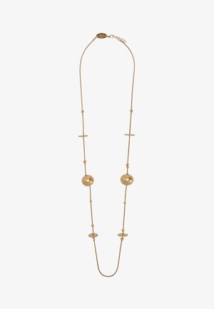 Długi cienki złoty naszyjnik z okrągłymi i dyskowatymi koralikami rozmieszczonymi wzdłuż łańcuszka oraz małym zapięciem u góry.