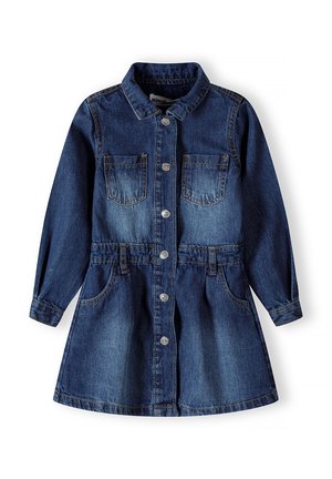 Vestito in denim con maniche lunghe, collo con colletto, due tasche sul petto, chiusura frontale con bottoni, vita elasticizzata e gonna svasata. Blu scuro con scoloriture chiare.