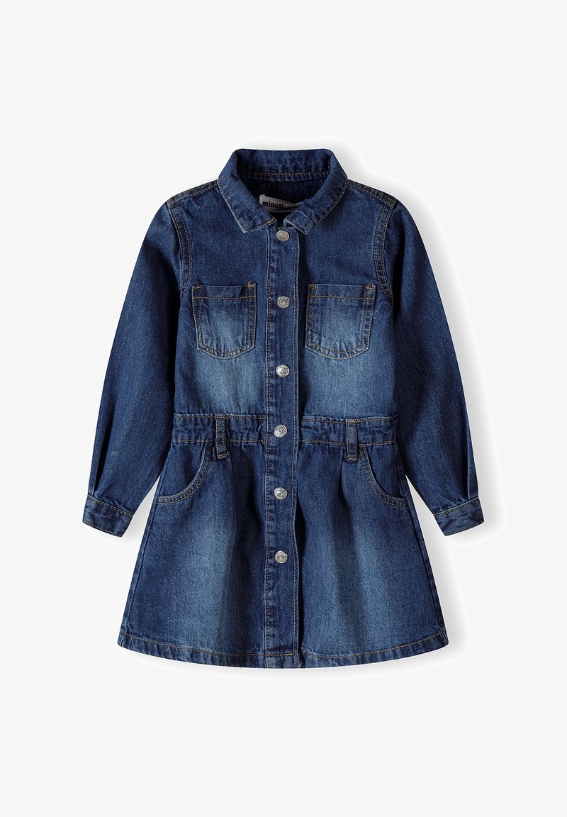Robe en denim à manches longues, col à revers, deux poches poitrine, fermeture avant boutonnée, taille élastique et jupe évasée. Bleu foncé avec décoloration légère.