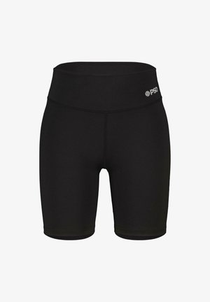 Shorts atletici negri din stofă elastică. Design cu talie înaltă, textură netedă și cusături plate. Prezintă un logo mic pe talie.
