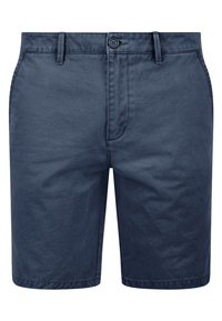 Námořnické modré bavlněné šortky mají plochý přední díl, boční kapsy a zapínání na knoflík s poutky na opasek. Hladká textura, design do délky kolen.