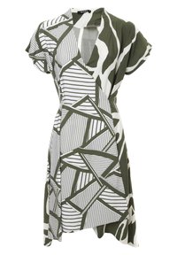 Vihreä ja valkoinen kuvioitu mekko lyhyillä hihoilla, jossa on geometrisiä muotoja ja raitoja, valmistettu pehmeästä ja kevyestä kankaasta.