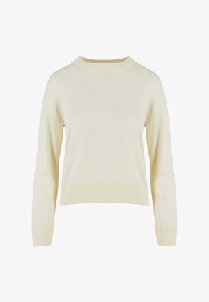 Heled kreemikas kampsun ümmarguse kaela, pikkade varrukate, lühendatud lõike ning sooniku äärega, valmistatud pehmest ja sileda kudumise materjalist.