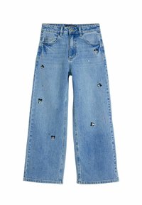  jeans in denim leggero blu con disegni di personaggi ricamati, decorazioni in argento e una classica configurazione a cinque tasche.