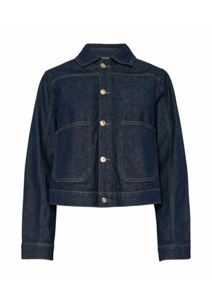 Veste en denim bleu foncé avec un col, fermeture boutonnée et deux poches avant. Présente des coutures contrastantes et des manches longues avec des poignets boutonnés.