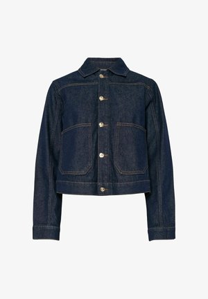 Tamno plavi traper jakna s ovratnikom, kopčanjem na dugmadi i dva prednja džepa. Ima kontrastne šavove i duge rukave s dugmadima na manžetama.