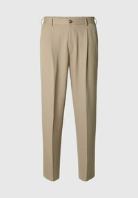 Beige pleated trousers made from a lightweight fabric, featuring a button closure and belt loops, with a relaxed straight-leg design.