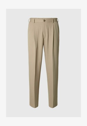 Beige pleated trousers made from a lightweight fabric, featuring a button closure and belt loops, with a relaxed straight-leg design.