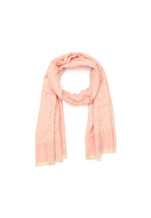 Light pink scarf made of soft fabric, featuring a floral pattern and fringed edges. Includes subtle branding near the bottom.