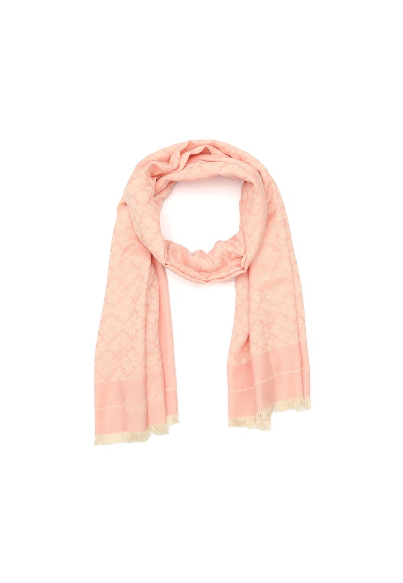 Light pink scarf made of soft fabric, featuring a floral pattern and fringed edges. Includes subtle branding near the bottom.