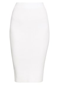 Vit ribbad blyertkjol med hög midja. Åtsittande design, knälång, texturerad tyg, inga synliga mönster eller accentuerade detaljer.