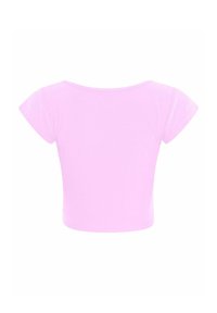 Top corto a maniche corte in tessuto rosa chiaro uniforme con una texture liscia. Taglio atletico con bordi morbidi e senza hardware o motivi visibili.
