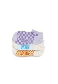 Karierte Socken in drei Farben: Lavendel mit lila Karos, Creme mit blauer Schrift und Creme mit orangefarbenen Karos, mit "VANS"-Logo.