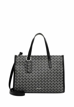 Szara torebka w wzór o wyraźnej konstrukcji, teksturowana tkanina, czarne skórzane akcenty, podwójne uchwyty oraz odpinany pasek na ramię.