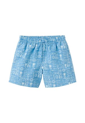 Short de bain bleu avec imprimé tropical blanc avec des ananas, des soleils, des vagues, des planches de surf et des motifs floraux, taille élastique et cordon.