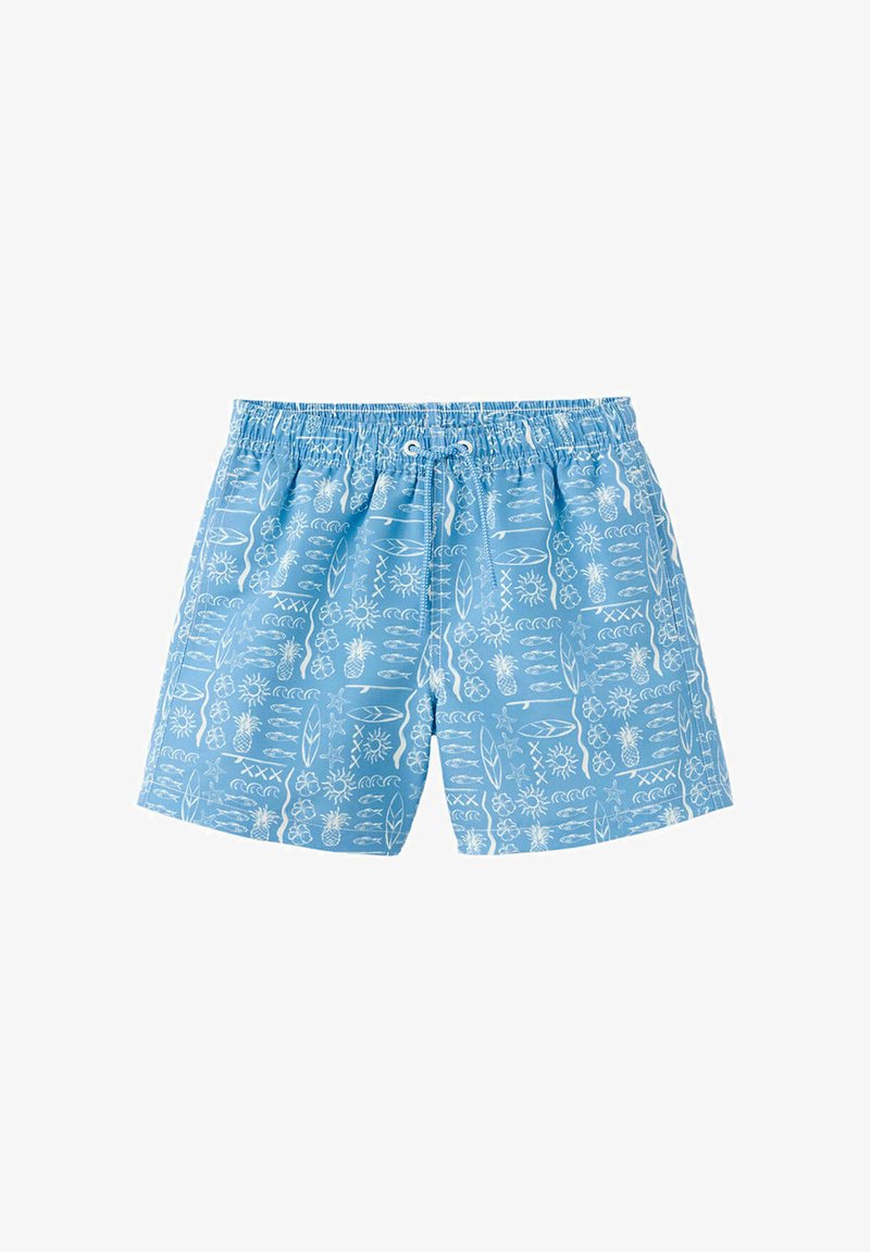 Short de bain bleu avec imprimé tropical blanc avec des ananas, des soleils, des vagues, des planches de surf et des motifs floraux, taille élastique et cordon.