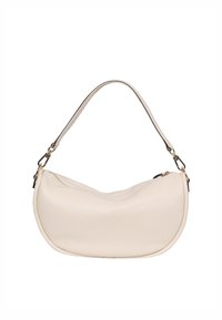 Beige Lederhandtasche mit geschwungener Form, kurzem Trageriemen, minimalem Schmuck und einem einzigen Reißverschlussfach oben.