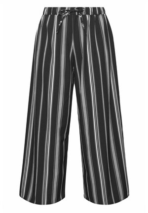 Pantaloni neri a gamba larga con righe verticali bianche e cintura regolabile in vita per una vestibilità comoda.