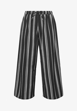 Pantaloni neri a gamba larga con righe verticali bianche e cintura regolabile in vita per una vestibilità comoda.