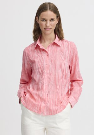Light pink button-up shirt with vertical textured stripes, long sleeves, and a classic collar. Features matching buttons and relaxed fit.