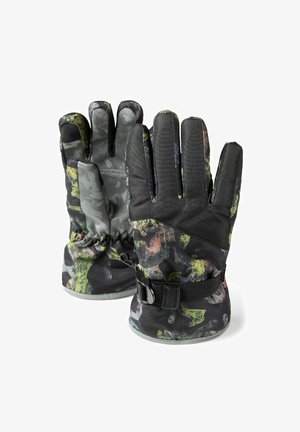 Gants isolants avec un motif camouflage noir et vert. Les caractéristiques incluent des poignets élastiques et des sangles réglables pour un ajustement sécurisé.