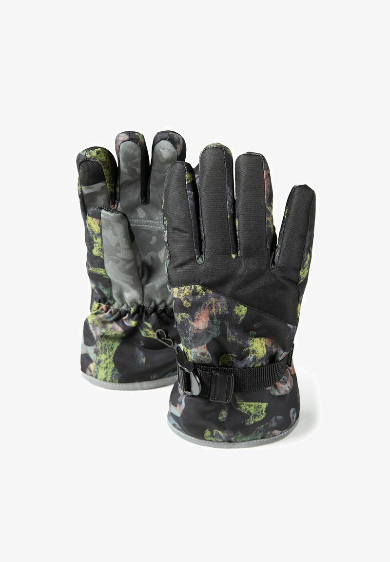 Isolatsiooniga kindad musta ja rohelise kamuflaažimustriga. Omab elastseid mansettide ja reguleeritavate rihmadega, et kindlalt kinnitada.