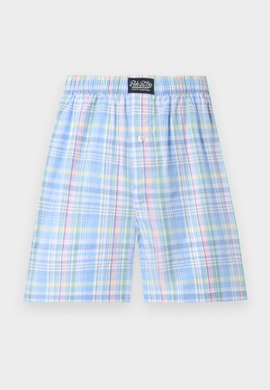 Boxer en coton à carreaux bleu clair avec taille élastique et bouton central, étiqueté Polo RL, posé à plat sur un fond blanc.
