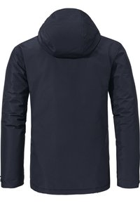 Marineblauwe, lichtgewicht jas met een capuchon, met een soepele textuur en strakke lijnen, ontworpen voor buitengebruik. Achteraanzicht weergegeven.