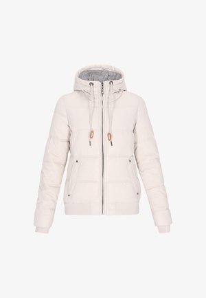Gestepptes Jackett in Hellbeige mit Kapuze, Frontreißverschluss und Kordelzug. Verfügt über Seitentaschen und gerippte Bündchen für eine enge Passform.